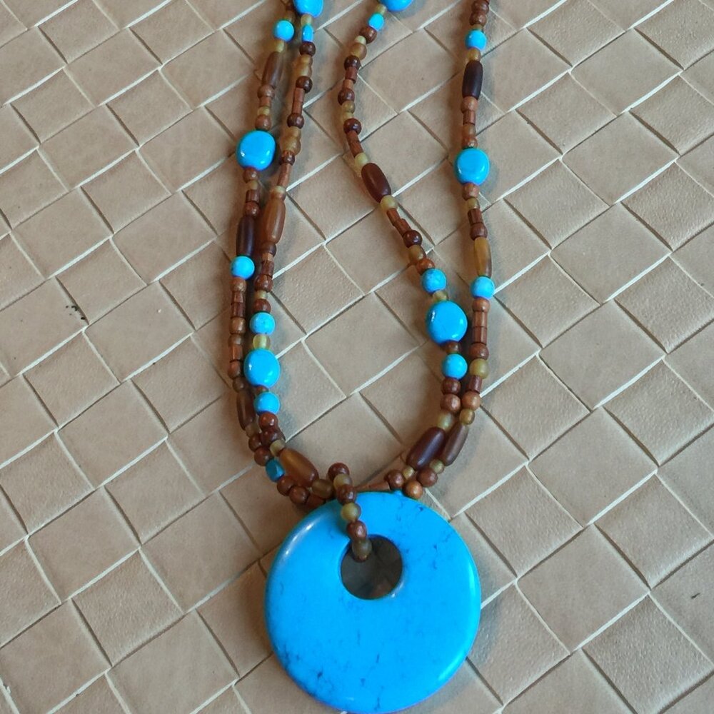 Vintage Coldwater Creek Turquoise Stone Horn Beaded Pendant Necklace